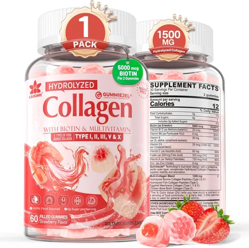 Gomitas de péptido de colágeno para mujeres y hombres, sin azúcar, multicolágeno hidrolizado con 1500 mg de proteína tipo I, II, III, V, X, 5000 mcg
