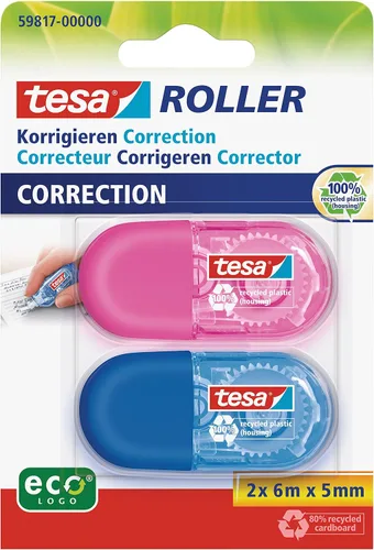 tesa UK Mini Roller Correction ecoLogo - Paquete de 2 cintas adhesivas ergonómicas pequeñas multicolores, tamaño de cinta 19.7 ft x 0.197 in