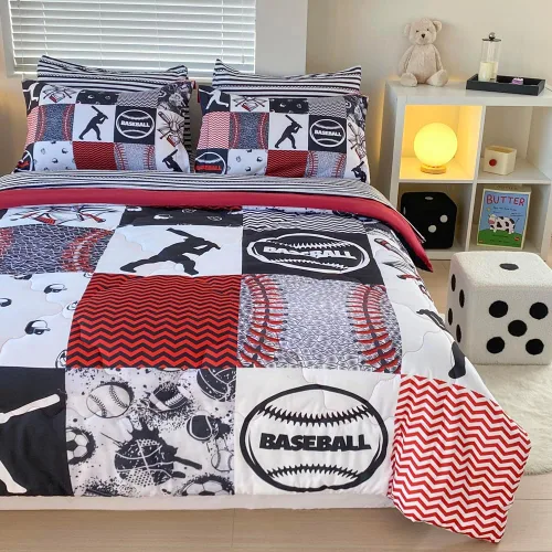 Miniatura 5 de Juego de 7 piezas de edredón deportivo de béisbol en una bolsa, tamaño Queen, ropa de cama 3D para niños, deportes de sóftbol, microfibra para todas