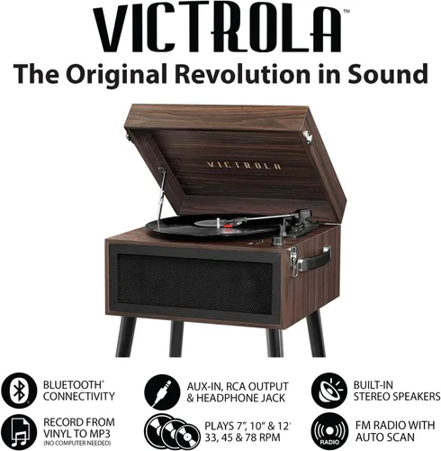 Miniatura 3 de Victrola Liberty – Reproductor de discos Bluetooth – Giradiscos 5-en-1 con transmisión de vinilos, radio FM, reproducción USB, altavoces integrados