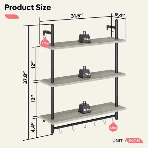 Miniatura 2 de Bestier Estantería Industrial de Tubería de 3 Niveles, Estantes Flotantes para Libros para Pared, Estantes Colgantes de Almacenamiento con Barra Gris