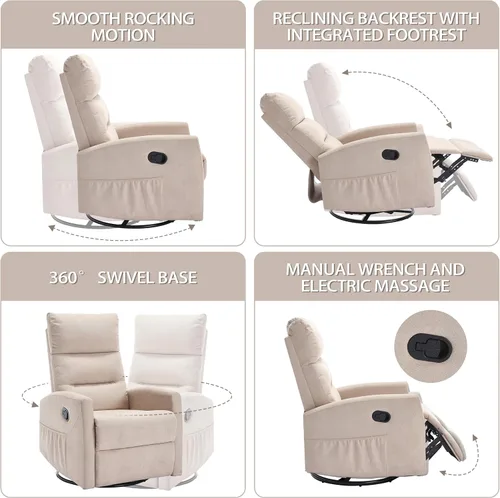 Miniatura 5 de PELUMY Silla reclinable manual, giratoria de 360° y sillón reclinable balancín con reclinable de 155°, sillón reclinable de tela compacta para Beige