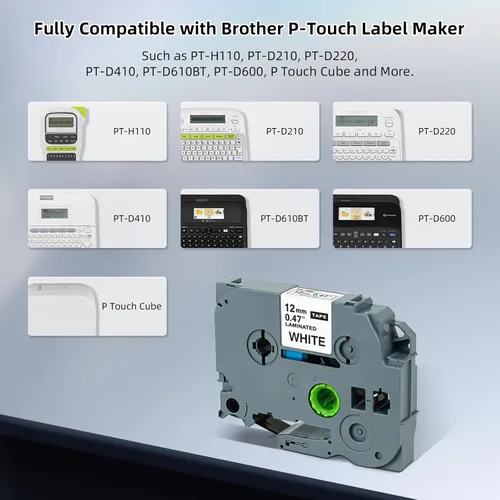 Cinta para rotuladora de 0.472 in 0.47 laminada blanca, reemplazo para repuestos de cinta de etiquetas Brother P Touch, cintas Tze de 231 Tz