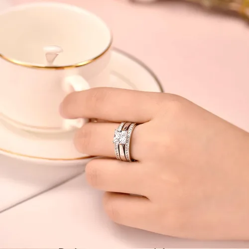 Miniatura 3 de Wuziwen Juego de anillos de novia de princesa para mujer, alianza de boda, realzadores de plata de ley con circonita cúbica, talla 4-13, Piedra
