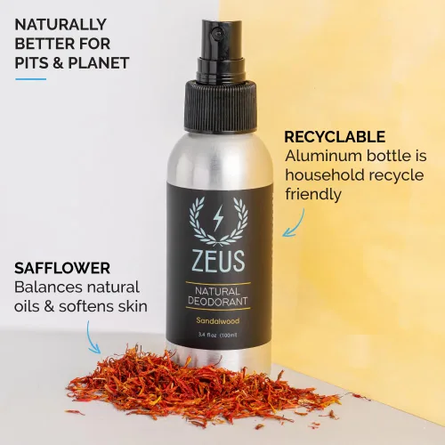Miniatura 2 de ZEUS Desodorante corporal natural en aerosol para hombres, sin aluminio, apto para veganos, nutritivo para la piel con aceite de cártamo, suave
