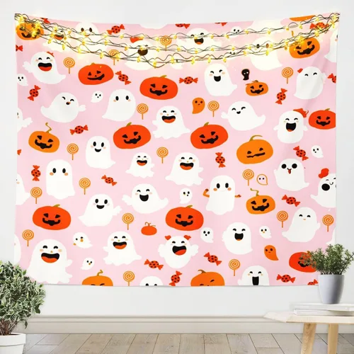 Miniatura 24 de Feelyou Halloween Wall Art for Bedroom Living Room Cartoon Ghost Tapestry Decoration for Kids Boys Girls Red Tapestry Wall Hanging Ghost Festival