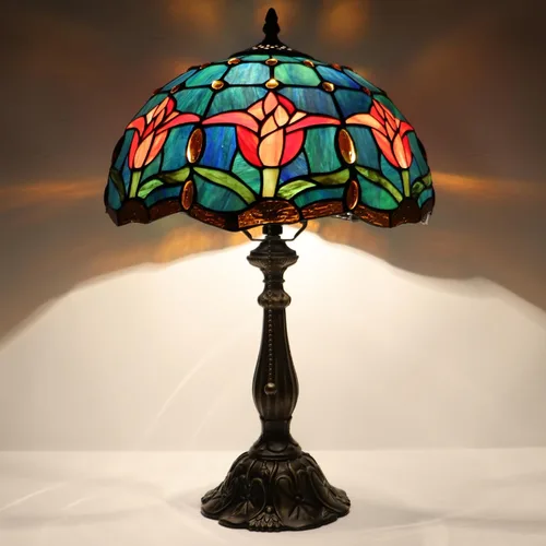 Miniatura 10 de Tiffany Lamp Stained Glass Table Lamp Bedside Reading Light W12H19 Inches (Sea Blue Dragonfly Style)