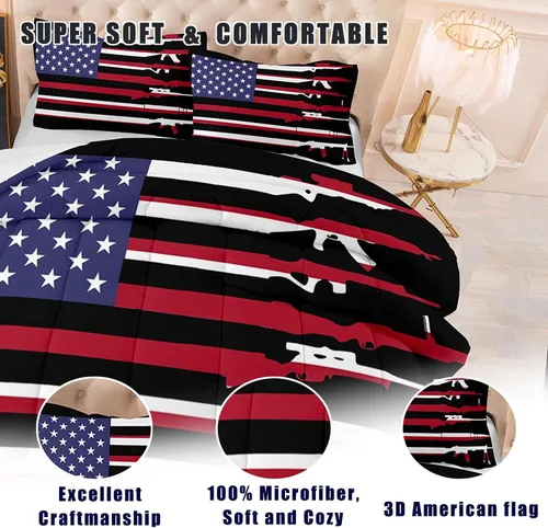 Miniatura 3 de Bodhi Juego de edredón para niños, tamaño King, con bandera nacional estadounidense, juego de ropa de cama para niños, juego de edredón rojo y negro