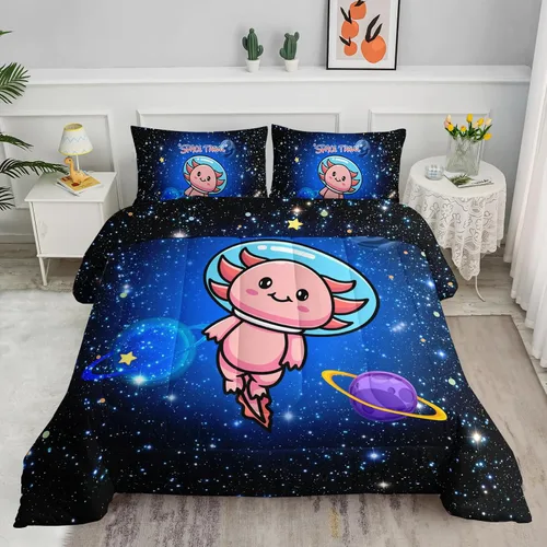 Miniatura 12 de Axolotl Juego de edredón de dibujos animados con diseño de gato de caricaturas, juego de ropa de cama con estampado de dibujos animados y escamas