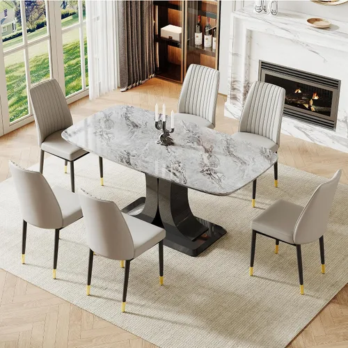 Miniatura 10 de Juego de mesa de comedor moderno para 6, juego de mesa de cocina y sillas de mármol para 6, mesa de cocina rectangular con 6 sillas tapizadas