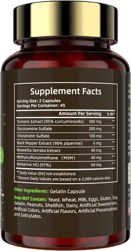 Miniatura 7 de Suplemento de curcumina de cúrcuma con pimienta negra, 95% curcuminoides, glucosamina, condroitina, boswellia, MSM y berberina, cúrcuma con cápsulas