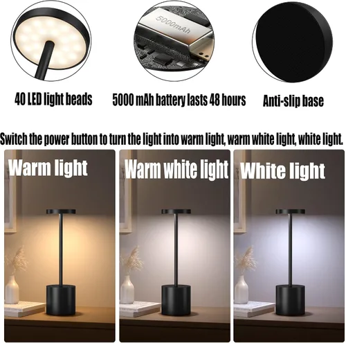 Miniatura 5 de Pack de 2 lámparas de mesa inalámbricas, lámpara de escritorio recargable con batería LED de 5000 mAh, metálica, USB, portátil, lámpara de mesa