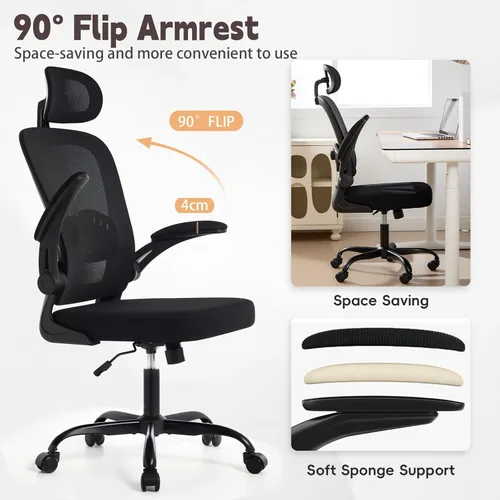 Miniatura 7 de Silla de oficina ergonómica con soporte lumbar ajustable 3D, respaldo alto de malla, reposacabezas giratorio de 75°, función mecedora, capacidad