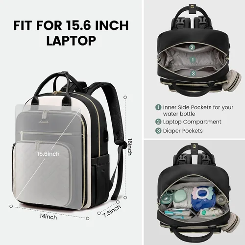 Miniatura 5 de LOVEVOOK Bolsa de pañales para bebé, mochila impermeable para pañales con puerto de carga USB para bebé, gran capacidad para laptop de 15.6