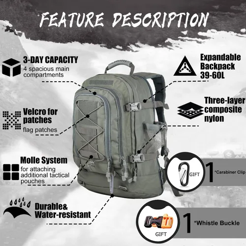 Miniatura 3 de Mochila táctica militar expandible 40-64L Bolsa de 3 días Senderismo Gimnasio Deporte Camping Gris
