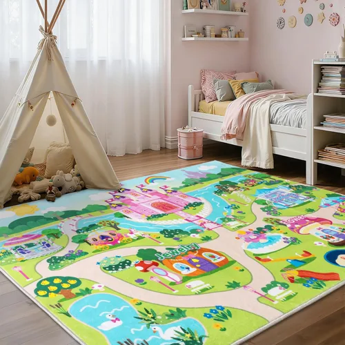 Miniatura 3 de Green Castle - Alfombra infantil para sala de juegos, ultra suave y de pelo bajo, lavable a máquina, antideslizante, para dormitorio de niñas