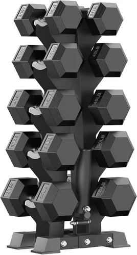 Miniatura 15 de PAPABABE - Juegos de mancuernas hexagonales de 60-550 libras con revestimiento de goma y soporte de almacenamiento, mancuernas con múltiples