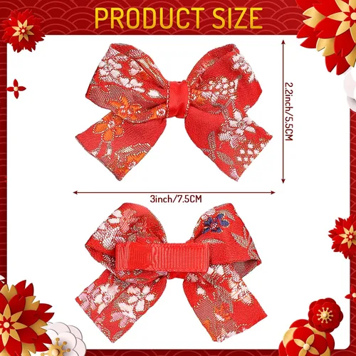 Miniatura 2 de Whaline 3 pares de pasadores de pelo rojo de Año Nuevo 2026, estilo chino, pinzas para el cabello para niñas y bebés, pinzas bordadas para el pelo