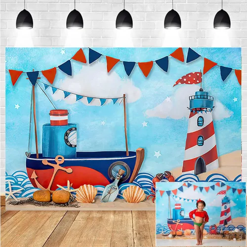 Fondos de fotografía náutica de verano para tartas marineras, veleros, faros, decoración de cumpleaños, para niños, recién nacidos, primer
