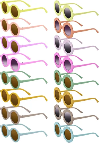Dunzy 16 pares de lentes de sol para niños, diseño de flores, lindos lentes de sol redondos para niñas y niños pequeños, fiesta en la playa, de 3 a
