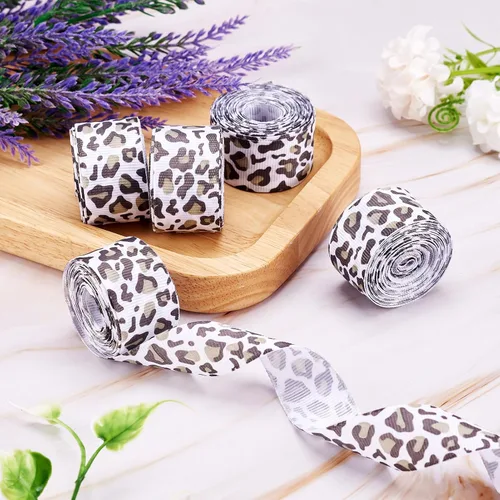 Miniatura 7 de Pandahall - 5 tarjetas de cinta de grogrén de leopardo de 1 pulgada / 0.984 in de ancho plano con estampado de leopardo salvaje para coser lazos