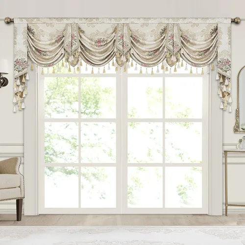 Miniatura 8 de Loom and Mill Cenefa de cascada de lujo, de jacquard, para sala de estar y dormitorio, elegantes cenefas florales europeas con borlas, cortinas azul
