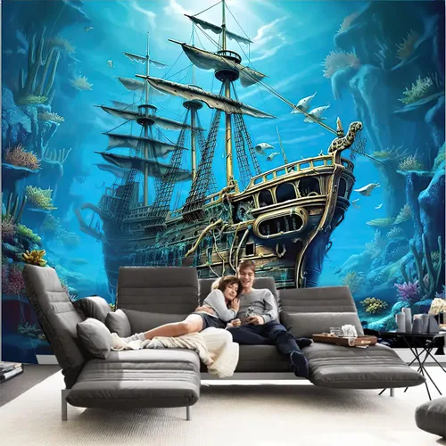 Miniatura 4 de FENDROM Tapiz náutico Decoración Fantasma Velero Arte de Pared Fantasía Paisaje Océano Náutico barco pirata Onda Vela Luna Tapices Colgantes
