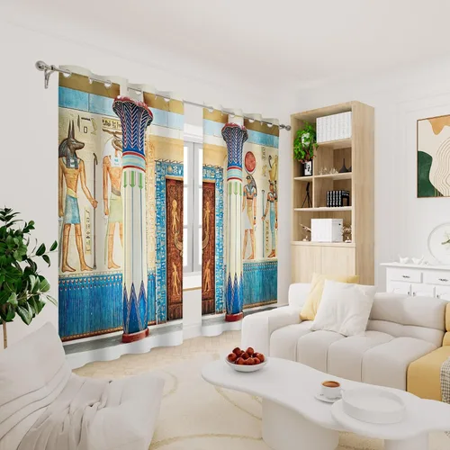 Miniatura 3 de Renaiss Cortinas egipcias, mural egipcio antiguo, figura mitológica histórica, pirámide, tratamiento de ventana, 45 pulgadas de alto x 29 pulgadas
