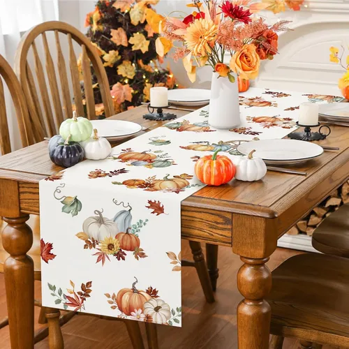 Miniatura 3 de Bonhause Camino de mesa de otoño, calabazas, hojas, flores, 13 x 72 pulgadas, temporada de otoño, Acción de Gracias, cocina, comedor, decoración