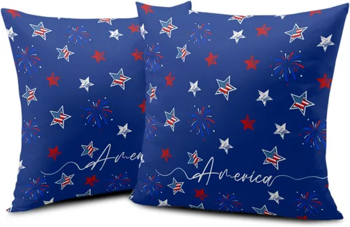 Juego de 2 fundas de almohada patrióticas para exteriores, diseño de estrellas azules del 4 de julio, 16 x 16 pulgadas, fundas de almohada