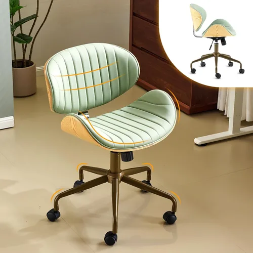 Miniatura 13 de VINGLI Silla giratoria de oficina en casa amplia y cómoda con carcasa curvada de grano de madera, silla de escritorio ergonómica acolchada sin negro