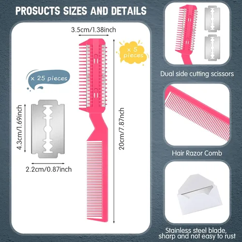 Miniatura 2 de Yinkin Peine de afeitar de 5 piezas para perros y gatos, rosa, plástico y acero inoxidable, perros pequeños a medianos, 25 cuchillas adicionales