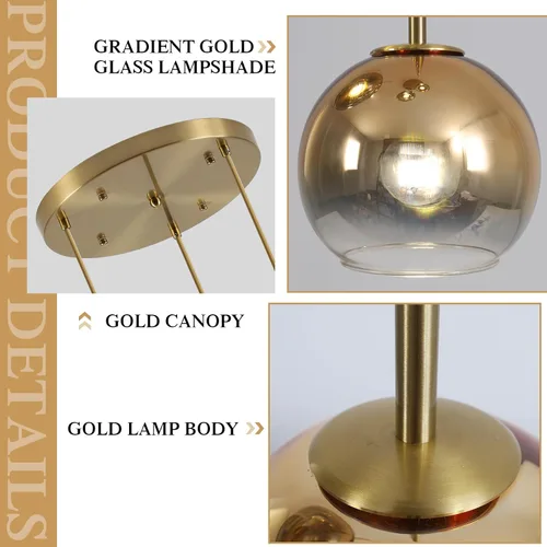 Miniatura 3 de KCO Iluminación colgante de racimo dorado de 3 luces grandes de cristal colgante luces isla de cocina lámpara globo araña mediados de siglo moderna