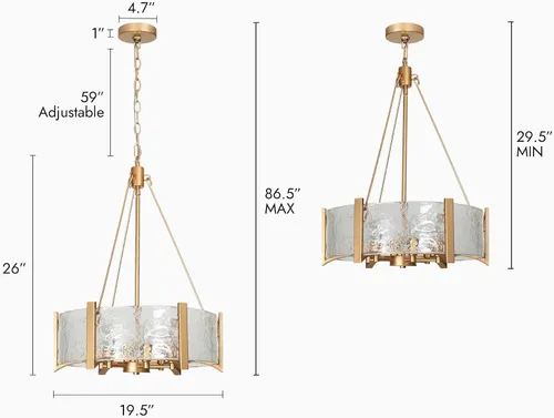 Miniatura 5 de ZEVNI Candelabro de tambor dorado, lámpara de cristal dorado para isla de cocina, lámpara moderna de 6 luces para comedor, entrada, vestíbulo