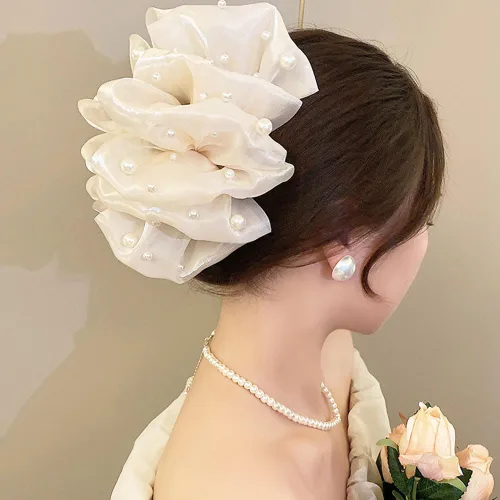 Miniatura 6 de Jaczora 2 pinzas para el pelo de seda de gasa, pinza grande de perlas con lazos, accesorios para el cabello para mujeres y niñas