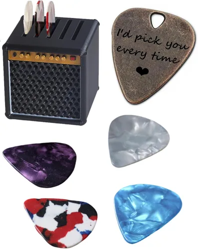 Miniatura 23 de JUPPE Púas de guitarra, púa de guitarra de bronce "I'd Pick You Every Time" con estuche de cuero, regalos de cumpleaños musicales para parejas