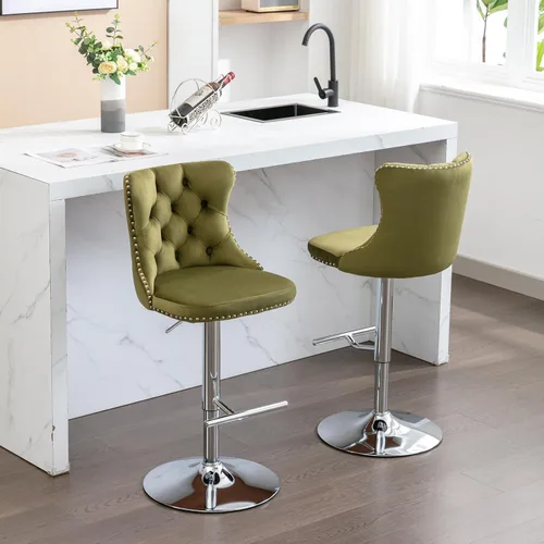 Miniatura 82 de Juego de 2 modernos taburetes de bar giratorios ajustables, sillas de bar copetudas de terciopelo beige con respaldo y ribete de cabeza de clavo