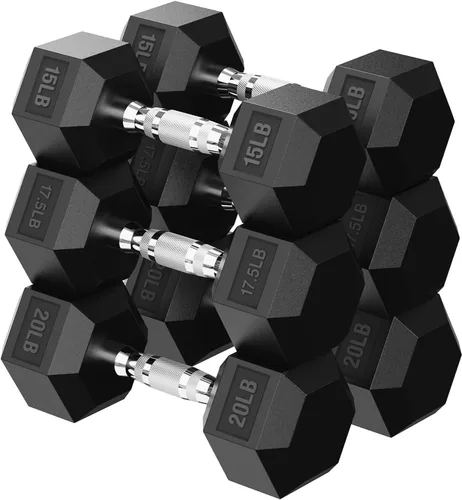 Miniatura 12 de HANDBODE Juego de mancuernas hexagonales de 45 a 640 libras, mancuernas de ejercicio y fitness con revestimiento de goma para gimnasio en casa