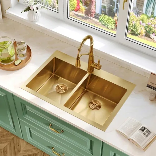 Miniatura 4 de Fregadero de Cocina Dorado 33" X 22", Fregaderos de Cocina de Doble Tazón, Montaje Superior/Empotrable Fregadero Doble de Acero Inoxidable Calibre 16