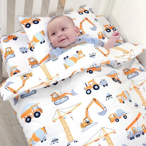 Miniatura 5 de JISEN Juego de ropa de cama de 3 piezas para cuna, juego de ropa de cama suave para cuna, camiones de construcción, juego de edredón para cuna