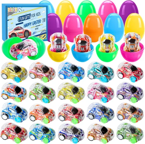 DIYDEC 36 piezas de autos de Pascua rellenos de huevos mini autos de carreras de Pascua para niños, juguetes de automóvil para rellenar cestas,