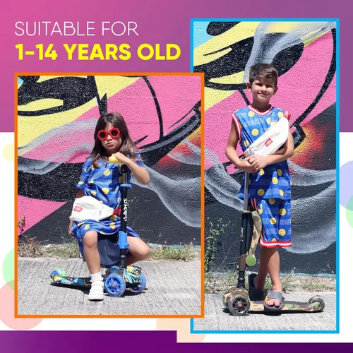 Miniatura 3 de Hurtle Patinete de 3 ruedas para niños, luces LED de ruedas, manubrio ajustable de inclinación para dirigir y asiento plegable, paseo sentado