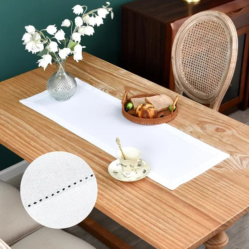 Miniatura 11 de NEWISHER Camino de mesa rústico de lino sintético con borde de vainica, decoración de mesa rectangular beige sólido para comedor, mesa auxiliar