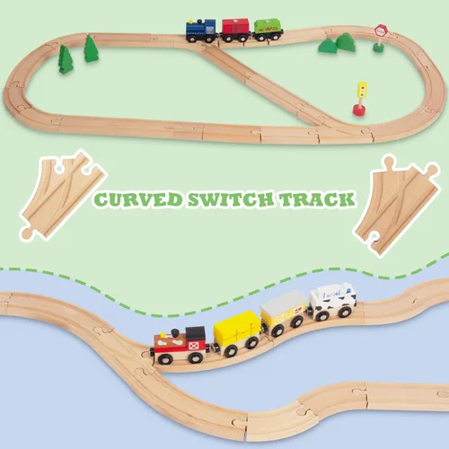 Miniatura 4 de Juego de 24 pistas de tren de madera, expansión de vías y 9 piezas distintas, 100% compatible con todas las principales marcas, incluido el sistema