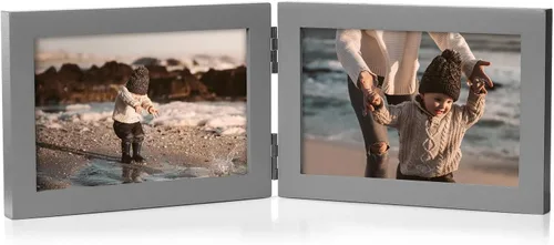 Miniatura 18 de Marco de fotos doble de 4 x 6 pulgadas con bisagras horizontales, marco de fotos plegable en madera de pino negro con vidrio real para mesa