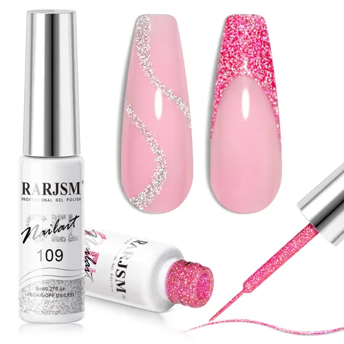 RARJSM Gel Liner - Esmalte de uñas de gel reflectante con purpurina para arte de uñas, pincel fino, plateado, neón, rosa intenso, pintura de