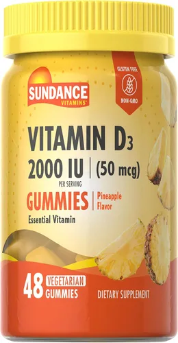 Sundance Gomitas de vitamina D3 | 2000 UI | 48 unidades | Sabor a piña | Suplemento vegetariano, sin OMG y sin gluten