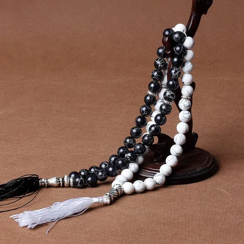 Colgante de borla de turquesa negra de piedra natural de 0.394 in, 33 cuentas de oración, musulmán islámico, Tasbih Allah Mohammed Rosario para