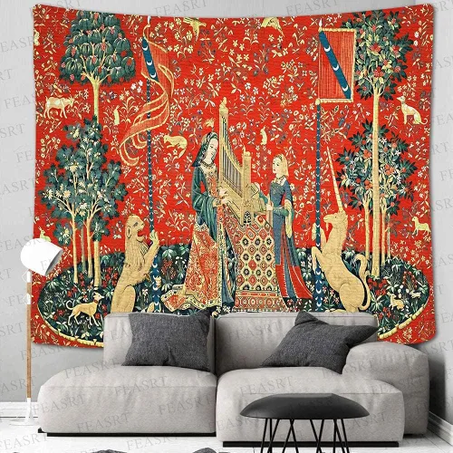 Miniatura 2 de Tapiz Real Medieval Europeo de la Reina Doncella y Unicornio, 90x84 Pulgadas de Flanela Suave, para Colección de Arte Decorativo de Arte de Pared