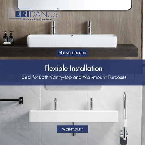Miniatura 5 de Eridanus Lavabo de Baño Rectangular 43" x 16", Lavabo Vasija de Cerámica Vítrea de Dos Orificios, Montaje en Encimera y Pared, Lavabo Flotante